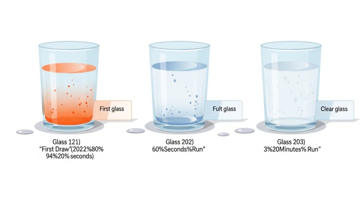 Illustration: glass of water shown at three stages — left shows first-draw water from a faucet with visible orange-red iron oxide tint indicating dissolved rust from a galvanized supply line, center shows the same water after running the faucet for 60 seconds (mostly clear), right shows the same water after running for 3 minutes (fully clear) — labeling the visual indicators