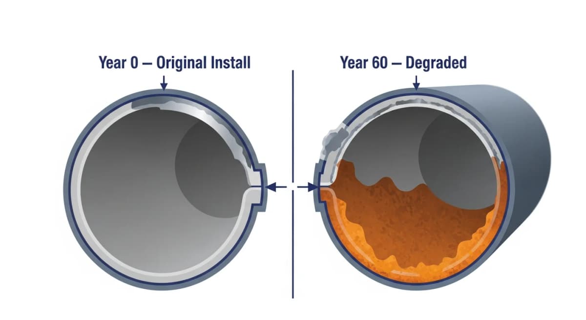Diagram: cross-section view of a galvanized steel water supply pipe showing the original smooth interior on the left side and the progressive corrosion pattern on the right side — rust scale buildup, reduced internal diameter, pinhole formation, and the characteristic orange-red iron oxide that gives failing galvanized water its color