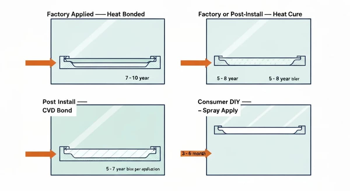Diagram: four-panel grid comparing the four shower glass coating technologies — ShowerGuard (factory-applied during manufacture), EnduroShield (factory or post-install), Diamon-Fusion (post-install professional), and Aquapel-class consumer DIY — each panel labeled with application stage, coating chemistry, and approximate Boise-water lifespan in years