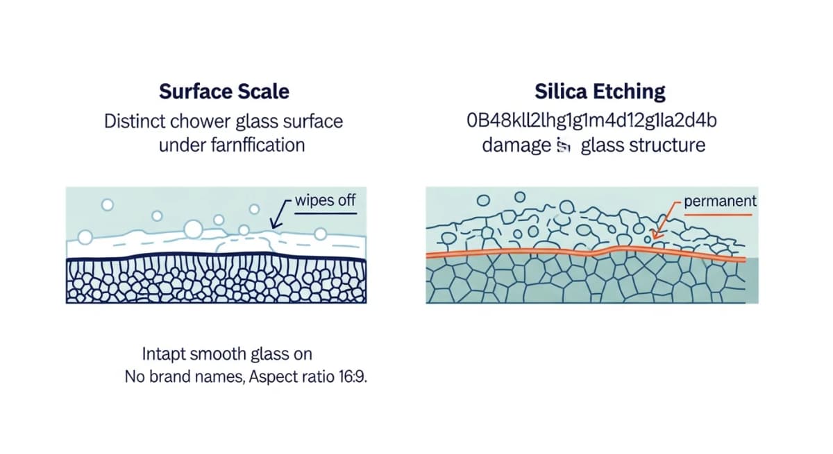 Illustration: side-by-side comparison of two shower glass surfaces under magnification — left panel shows surface mineral scale that can be cleaned off (white deposits on top of intact glass), right panel shows true silica etching (glass surface itself is pitted and rough, no removable deposit)