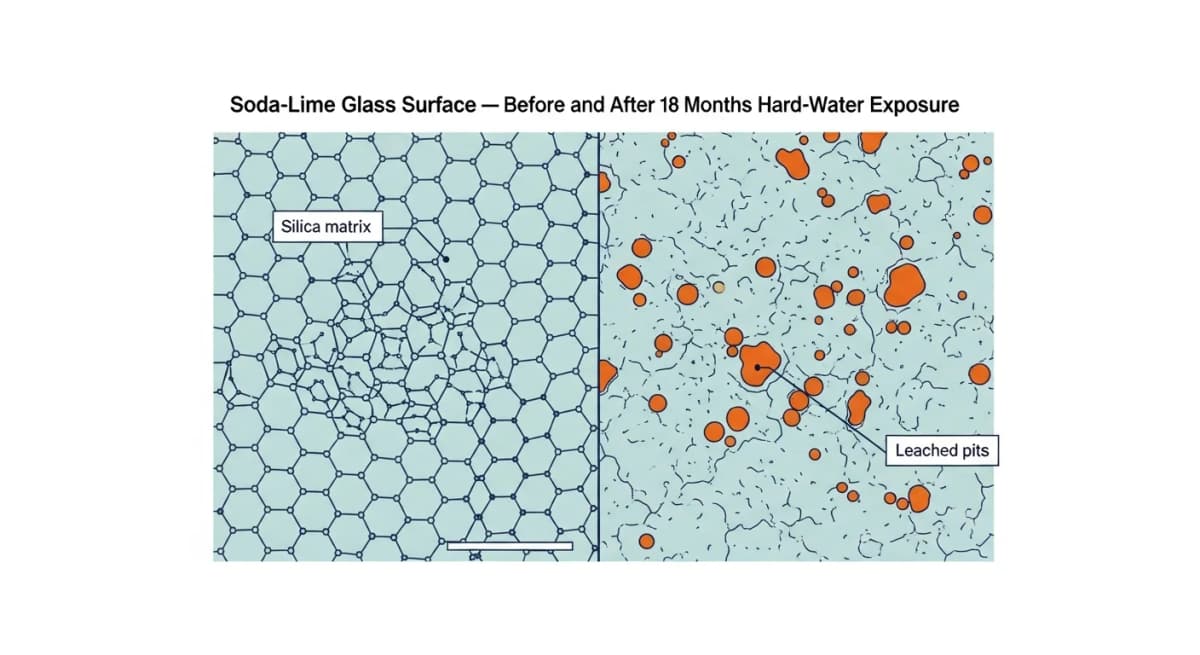 Diagram: microscopic surface view of soda-lime shower glass at 50x magnification showing the silica matrix structure on the left side (intact) and the same structure after 18 months of hard-water exposure on the right side (showing visible pitting, silica leaching pattern, and surface roughening that creates the etched appearance)