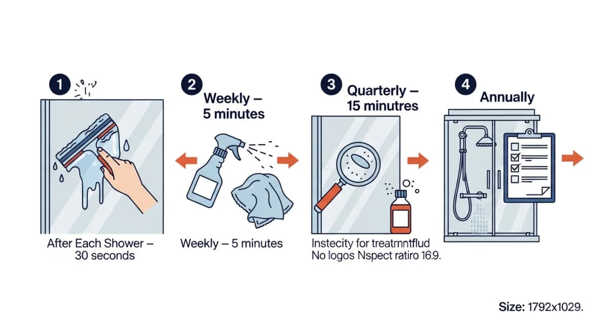 Illustration: step-by-step diagram of the daily shower glass maintenance routine — step 1 squeegee the entire panel after each shower, step 2 weekly spray application of a hydrophobic conditioner, step 3 quarterly inspection for early-stage etching, step 4 annual reapplication of consumer-grade coating