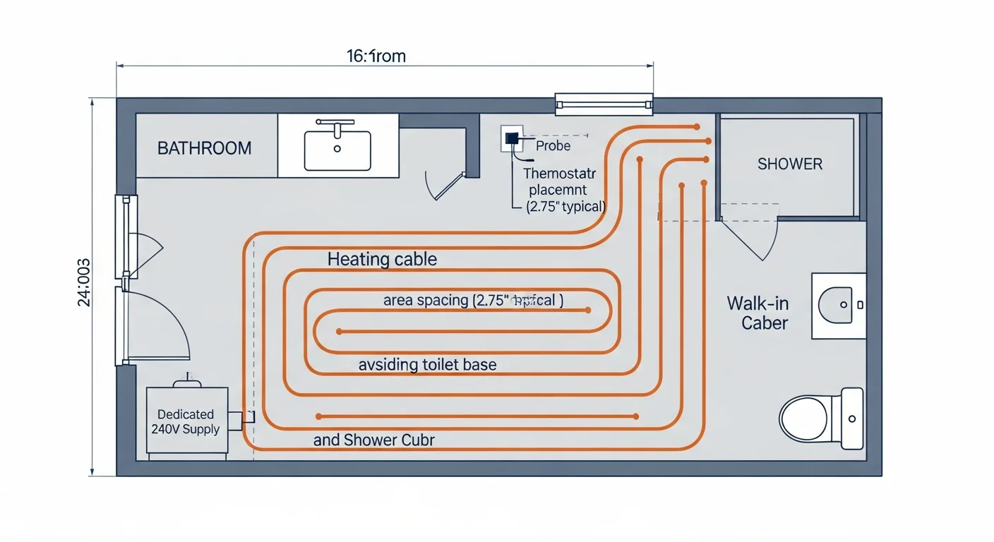 Diagram: overhead bathroom floor plan showing a Schluter DITRA-HEAT cable layout — orange heating cable arranged in serpentine pattern under the tile floor, with cable spacing labeled, thermostat probe placement marked near the shower entry, and a labeled junction box for the dedicated 240V supply circuit