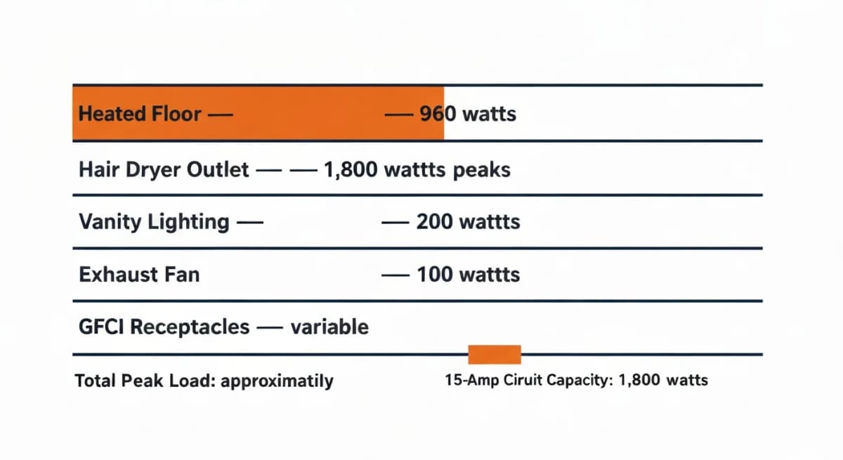 Diagram: bathroom circuit load calculation worksheet showing the additive electrical demand of a typical pre-1990 Boise bathroom — heated floor (12 watts per sq ft x 80 sq ft = 960 watts), hair dryer outlet (1,800 watts peak), vanity lighting (200 watts), exhaust fan (100 watts), GFCI receptacles (variable) — with the total load summed and compared to the 1,800-watt capacity of a standard 15-amp bathroom circuit
