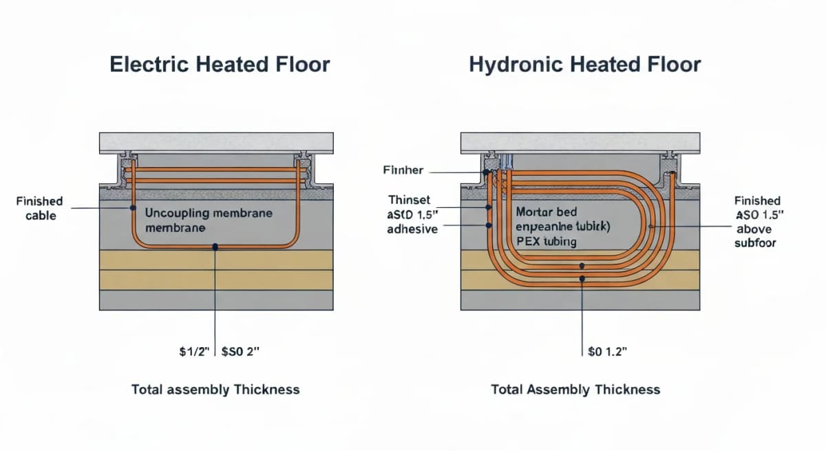 Diagram: cross-section comparison of two heated floor systems — left side shows electric cable system with thin heating wire under tile and uncoupling membrane, right side shows hydronic system with PEX tubing for warm water circulation under a thicker mortar bed and tile, with comparative labels showing thickness, installation complexity, and energy cost characteristics