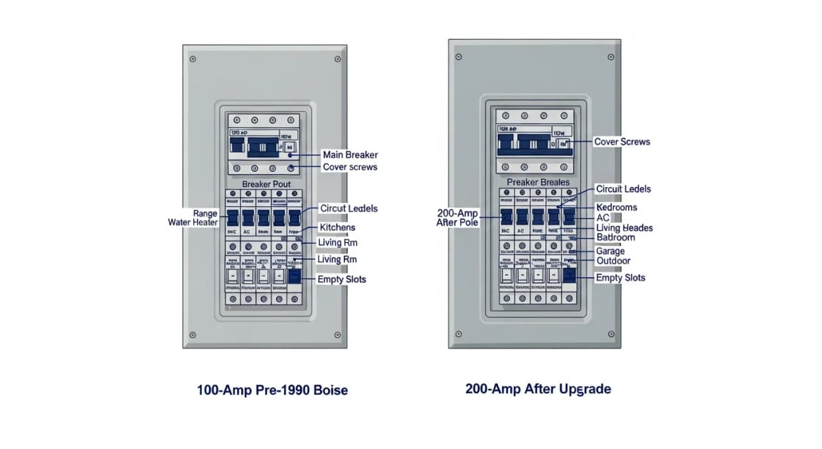 Diagram: side-by-side comparison of two residential electrical panels — left side shows a typical pre-1990 Boise 100-amp panel with most breaker positions occupied and no spare capacity for a new heated floor circuit, right side shows the same home after a 200-amp panel upgrade with new dedicated breaker positions including one labeled for the heated floor