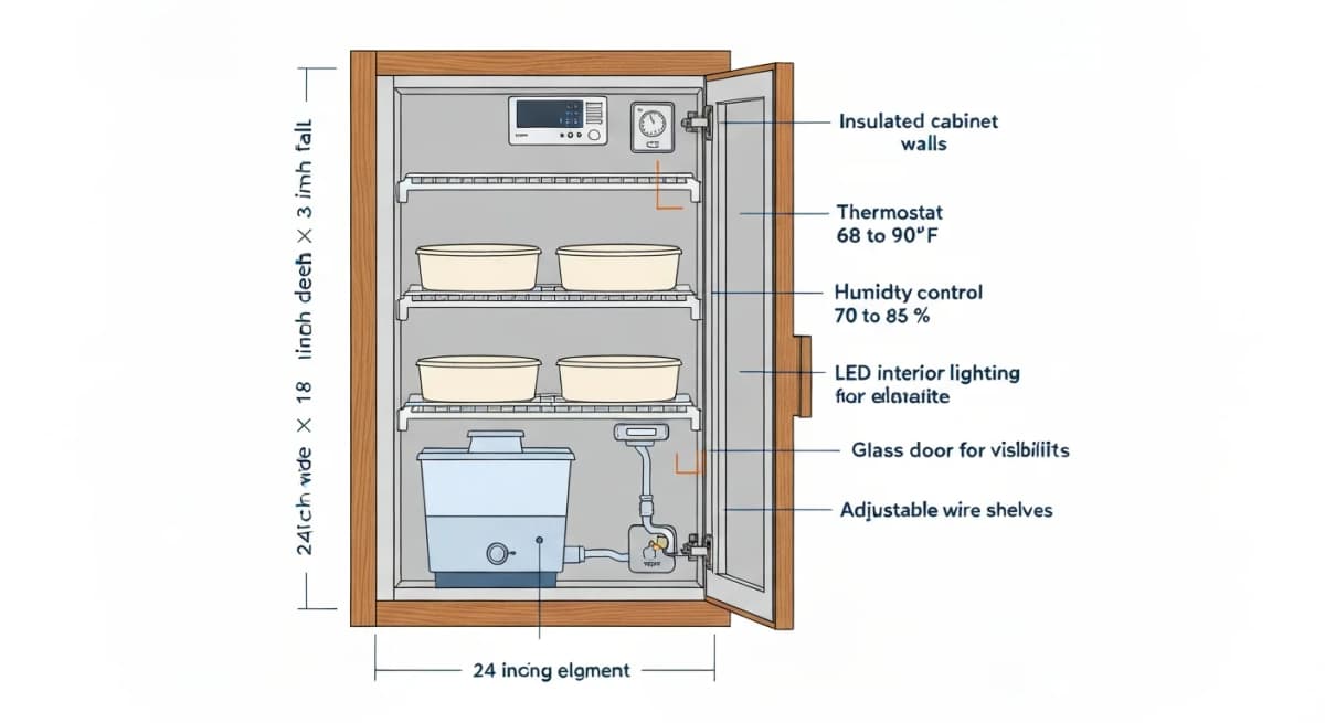 Architectural elevation diagram of a dedicated proofing cabinet built into the kitchen — showing a 24-inch wide insulated cabinet with adjustable shelves, temperature-controlled humidity environment maintained by a small thermostat unit, glass door for visual inspection, interior LED lighting, and annotations explaining the typical fermentation temperatures and humidity levels for bread vs pasta dough