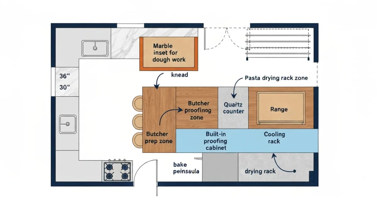 Architectural overhead floor plan diagram of a baker's kitchen with dedicated zones labeled — marble inset zone for cold-surface dough work, butcher block prep zone for chopping and mise en place, quartz general counter zone, dedicated proofing/fermentation cabinet with controlled temperature, and pasta drying rack zone with overhead hanging system — each zone color-coded by function with annotations showing the typical workflow path between zones