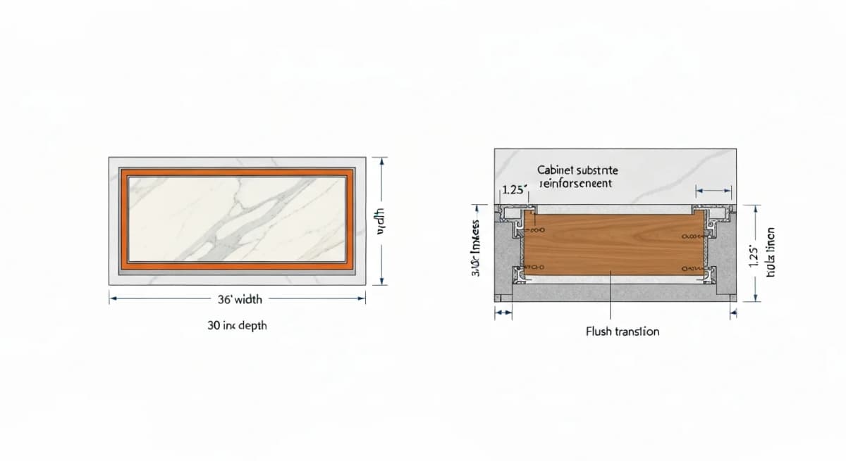 Architectural cross-section and overhead detail diagram of a marble inset zone in a quartz counter — showing the marble slab (typically 36 inches wide by 30 inches deep) recessed into the surrounding quartz at the same height, with a chamfered or flush edge transition, and annotations explaining how the inset is supported by the cabinet substrate and how the temperature differential is maintained