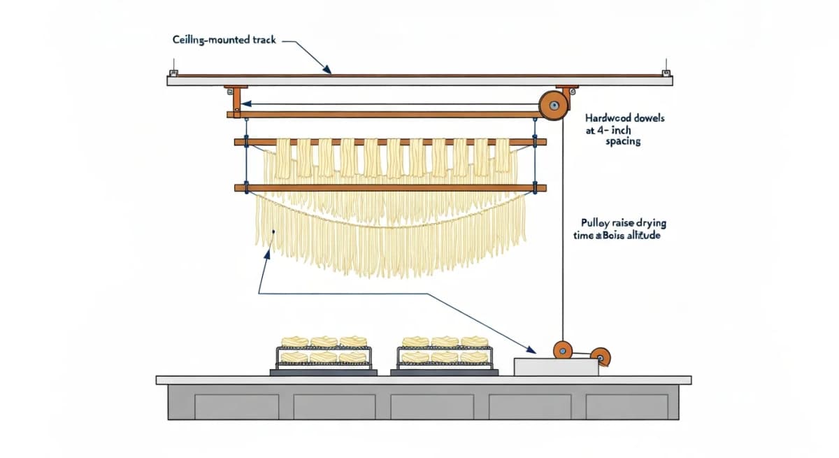Architectural elevation diagram of a pasta drying rack system built into the kitchen — showing wooden dowels suspended below a ceiling-mounted track that can be lowered for loading and raised for drying, with fresh pasta strands hung over the dowels, annotations showing the typical 4-6 hour drying time and the kitchen ventilation requirements during the drying period