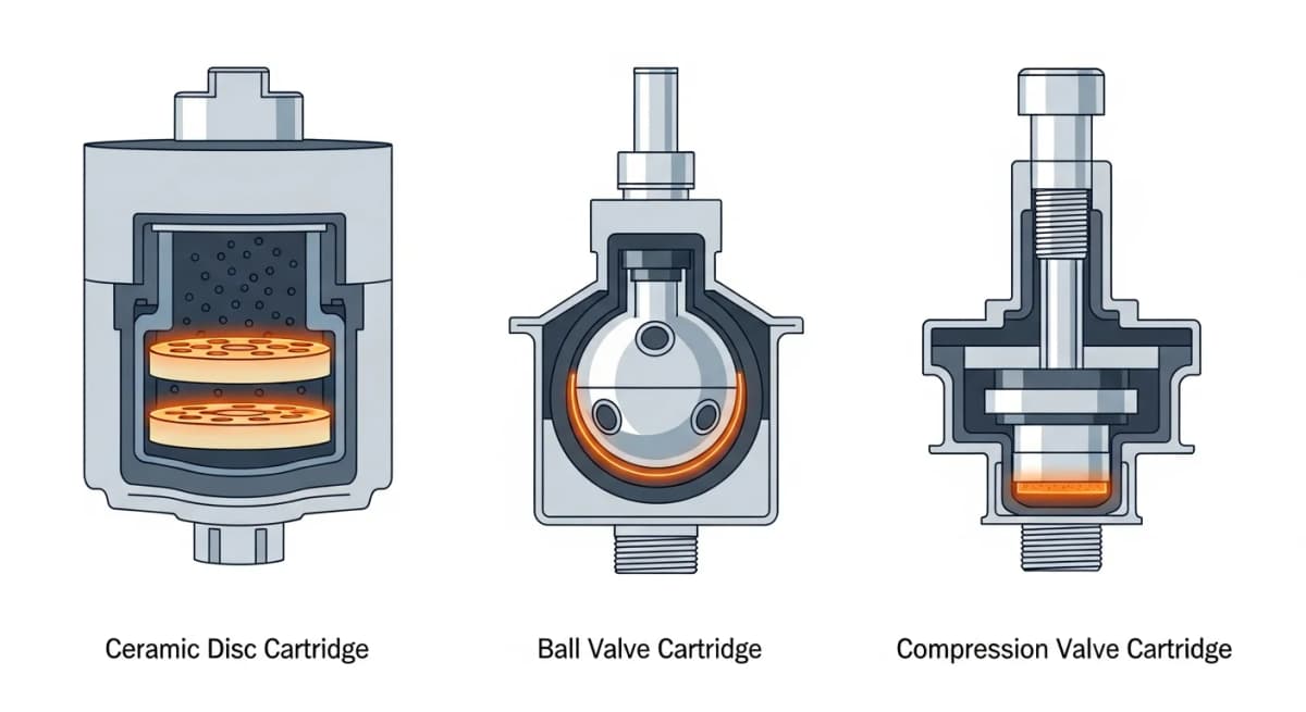 Diagram: cross-section comparing ceramic disc, ball valve, and compression cartridge mechanisms with scale deposit patterns highlighted on each