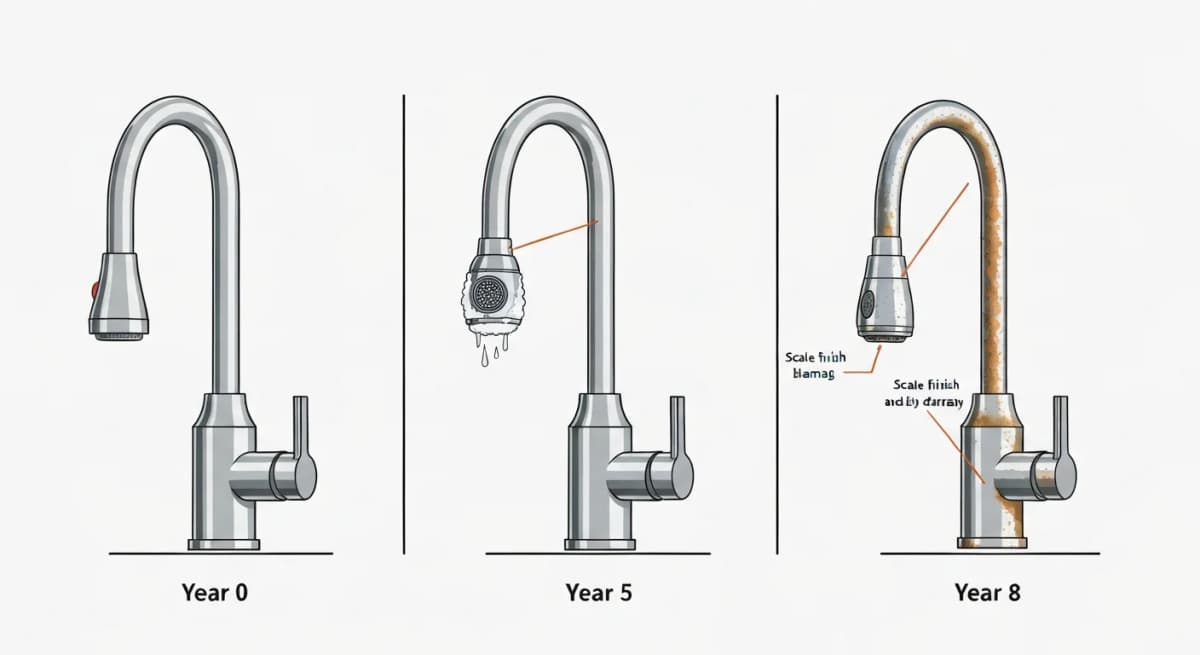 Illustration: three stages of kitchen faucet failure due to hard water — year zero (new install, pristine finish), year five (aerator and sprayer scale buildup visible), year eight (finish blistering and pitting on the spout)