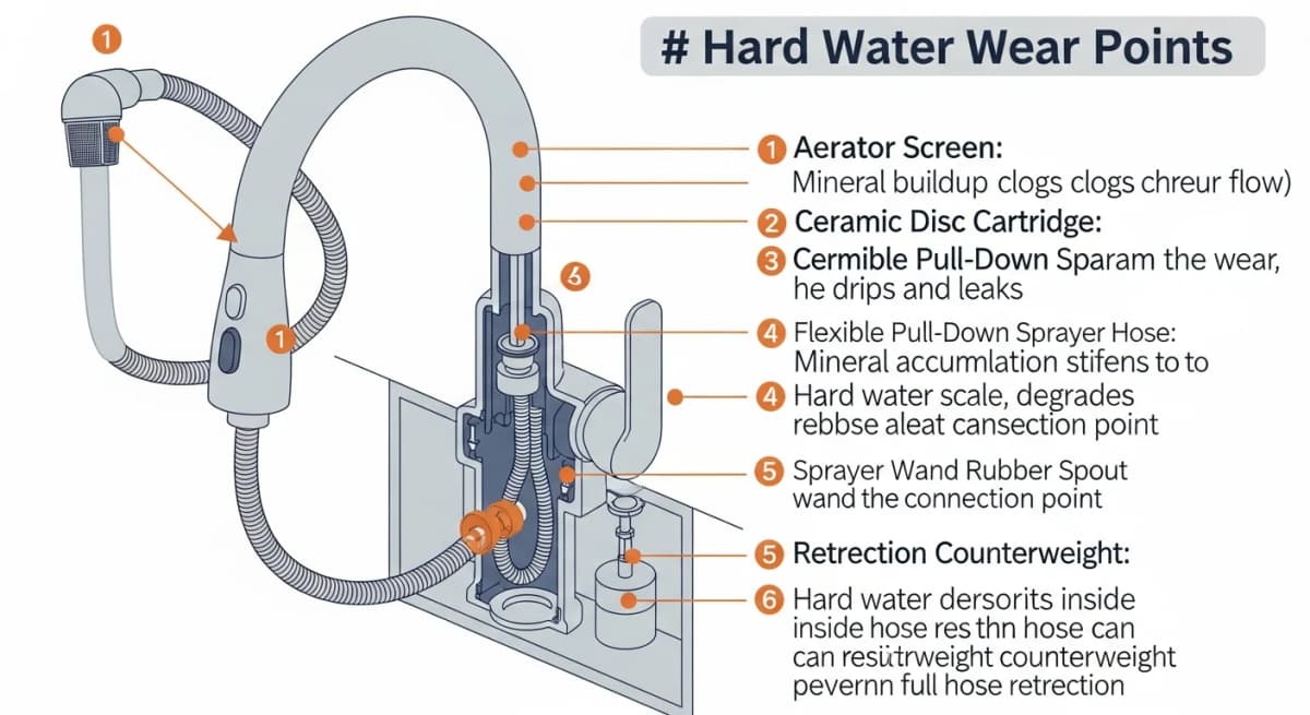 Diagram: cross-section of a pull-down kitchen faucet showing the eight failure points hard water exposes — aerator, cartridge, sprayer hose, retraction weight, base swivel, finish, valve body, and supply connections