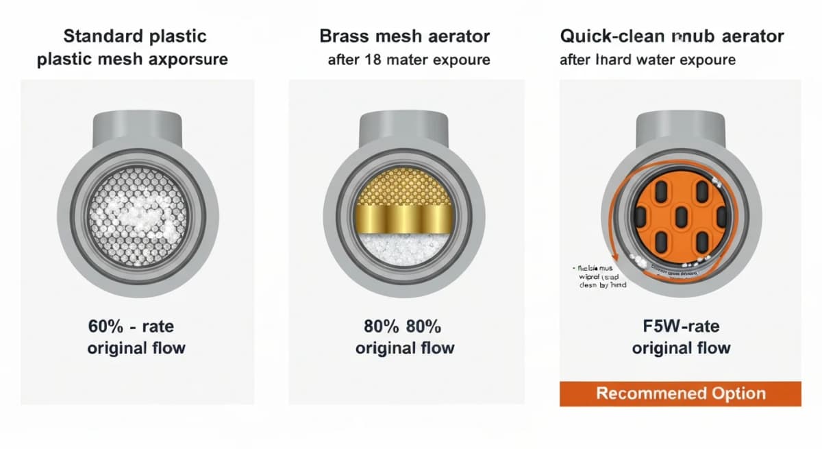 Comparison cross-section diagram of three aerator types — standard plastic mesh aerator showing scale accumulation in the small fine-mesh holes, brass mesh aerator showing reduced scale accumulation, and quick-release rubber-nub aerator (commonly Delta Touch-Clean) showing minimal scale accumulation due to flexible nubs that can be wiped clean — with magnified detail views of each