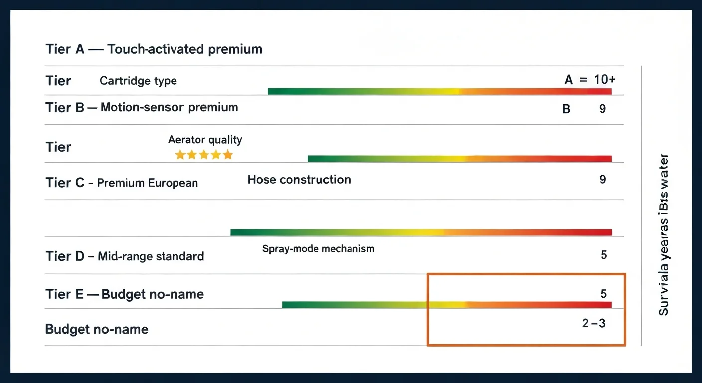 Comparison chart showing five major pull-down faucet brands ranked by Boise hard-water survival — Moen MotionSense, Delta Touch2O, Kohler Sensate, Hansgrohe Cento, and budget no-name brand — each rated across five criteria (cartridge type, aerator quality, hose construction, spray-mode mechanism, magnetic dock) with cumulative survival-years estimate