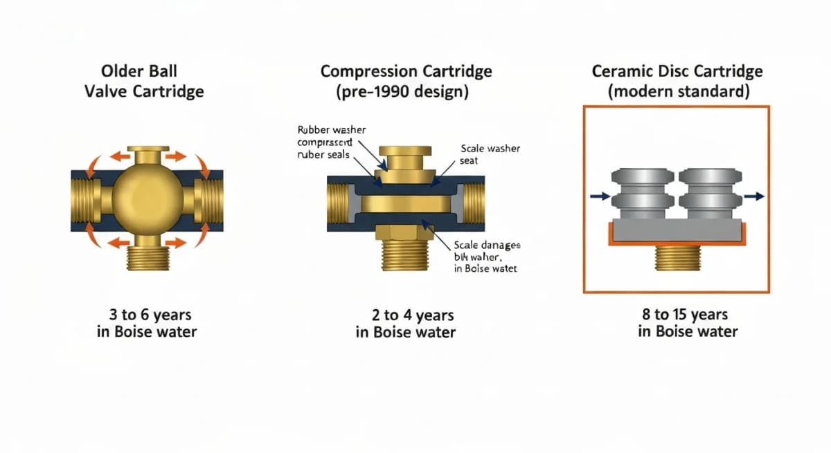 Cross-section comparison diagram of three faucet cartridge types — older ball-valve cartridge with rubber O-ring seals (susceptible to scale damage), compression-style with washer seals (old technology), and ceramic disc cartridge (the modern standard, scale-resistant) — with annotations showing why ceramic discs survive Boise hard water while older designs fail