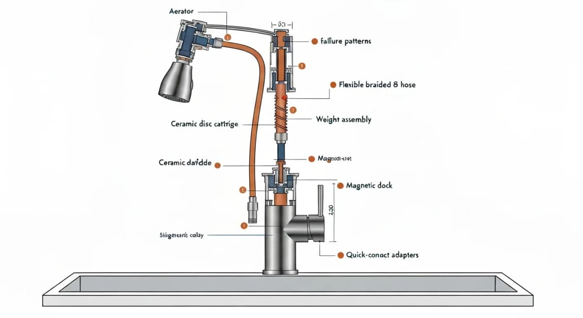 Architectural cutaway diagram of a pull-down kitchen faucet showing all internal components labeled — aerator, spray-pattern selector mechanism, ceramic disc cartridge, flexible braided hose, weight assembly, dock magnet, and quick-connect adapters — with arrows highlighting the six failure-point locations where Boise hard water causes the most damage
