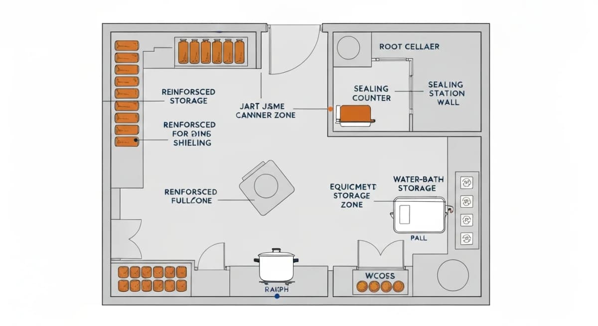 Diagram: overhead floor plan of a walk-in pantry designed for active canning and preserving workflow — labeled jar storage zone with reinforced shelving for 60-80 lb loads per linear foot, sealing station counter with electrical outlets, preserving equipment storage, root-cellar zone for cool storage, and access path that supports moving full water-bath canners
