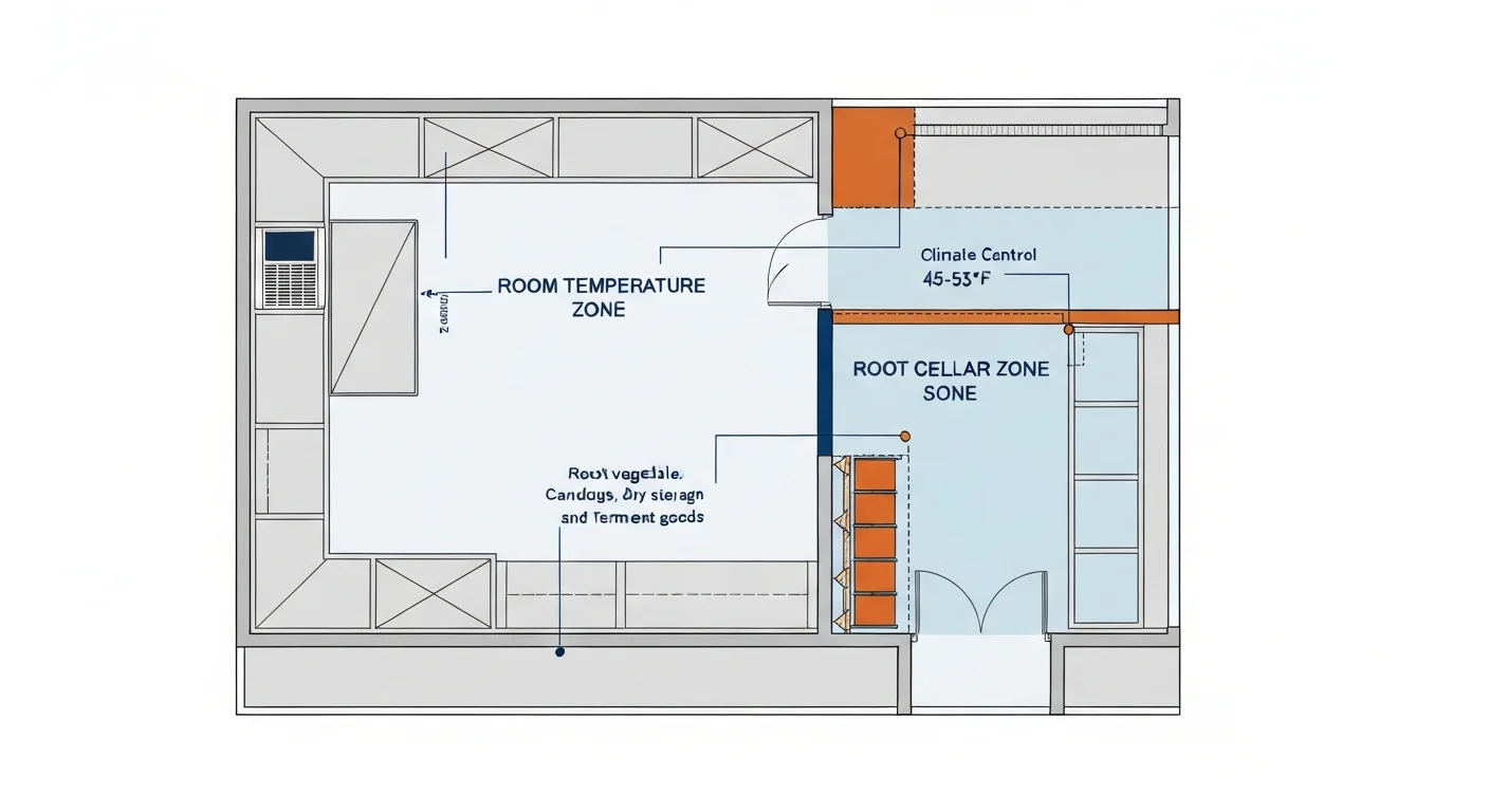 Diagram: pantry zoning plan showing the integration of a temperature-controlled root cellar zone within a walk-in pantry — a small insulated enclosed area at the back maintaining 45-55°F for root vegetables, squash, and certain fermented foods, with the rest of the pantry at room temperature for canned goods and dry storage