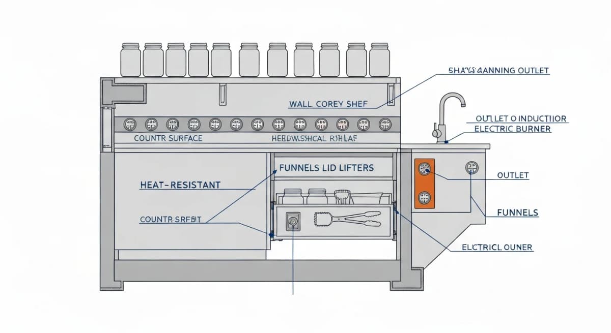 Diagram: kitchen pantry sealing station design showing the dedicated counter area at proper height for sit-or-stand work, multiple GFCI electrical outlets for canning equipment (water bath canner, pressure canner, induction burner), labeled storage for canning tools (funnels, lid lifters, jar tongs), nearby sink access, and a heat-resistant work surface