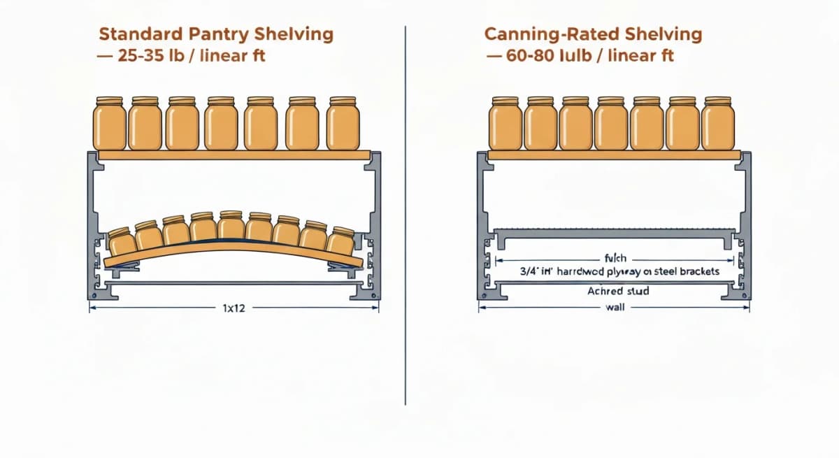 Diagram: cross-section comparison of standard pantry shelving (1x12 pine board on light brackets, rated 25-35 lb per linear foot) versus canning-rated reinforced shelving (3/4 inch hardwood plywood with steel brackets and reinforced wall attachment, rated 60-80 lb per linear foot) with bottle and jar loads shown above each