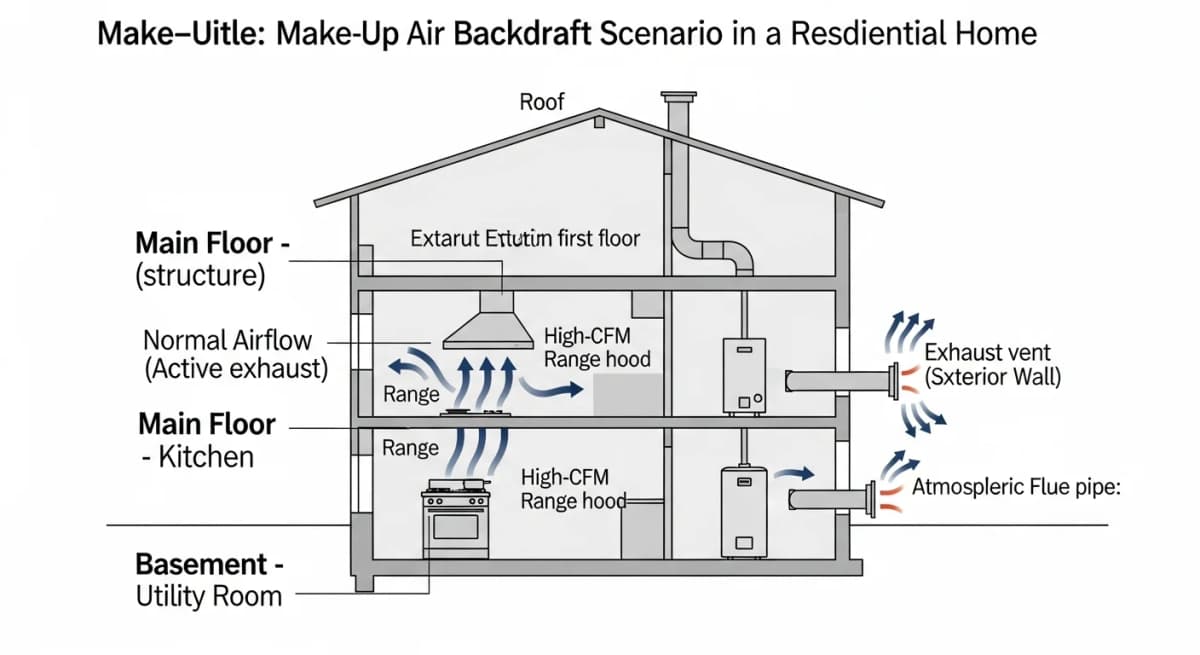Illustration: cutaway home cross-section showing the make-up air backdraft scenario where a high-CFM kitchen range hood depressurizes the house and pulls combustion gases backward down the gas water heater flue into the living space