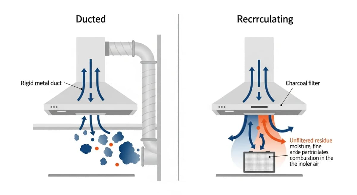 Diagram: side-by-side cross-section comparison of a ducted kitchen range hood (with rigid metal duct routed directly to exterior wall) versus a recirculating range hood (with charcoal filter and air returned to the room), with labeled flow arrows showing pollutant capture differences