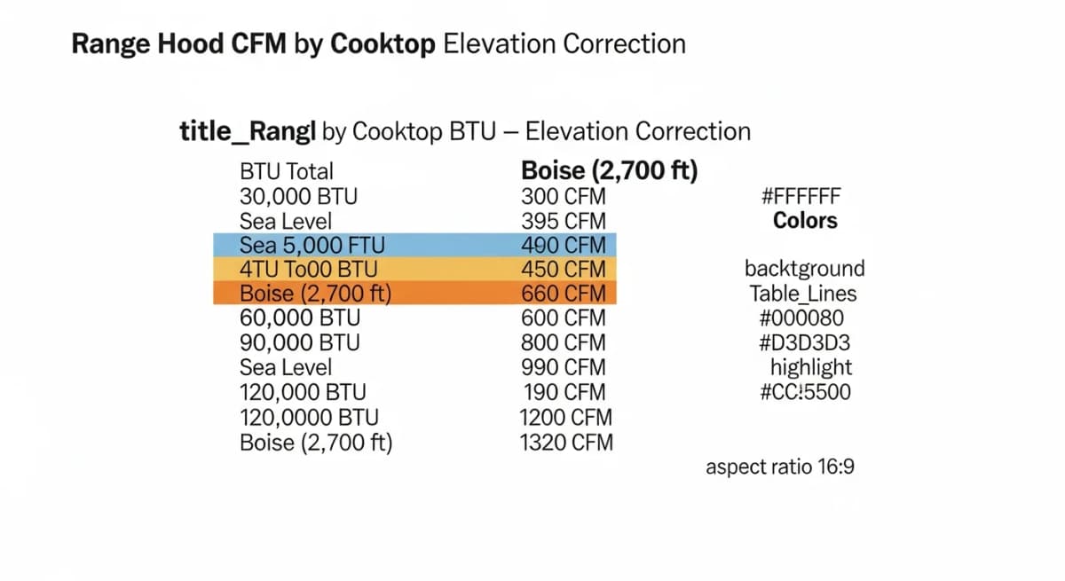 Diagram: CFM sizing reference chart showing required range hood capacity by cooktop BTU output for gas ranges, with a side-by-side comparison column for sea-level and Boise 2,700-foot elevation values demonstrating the 8 to 12 percent capacity correction