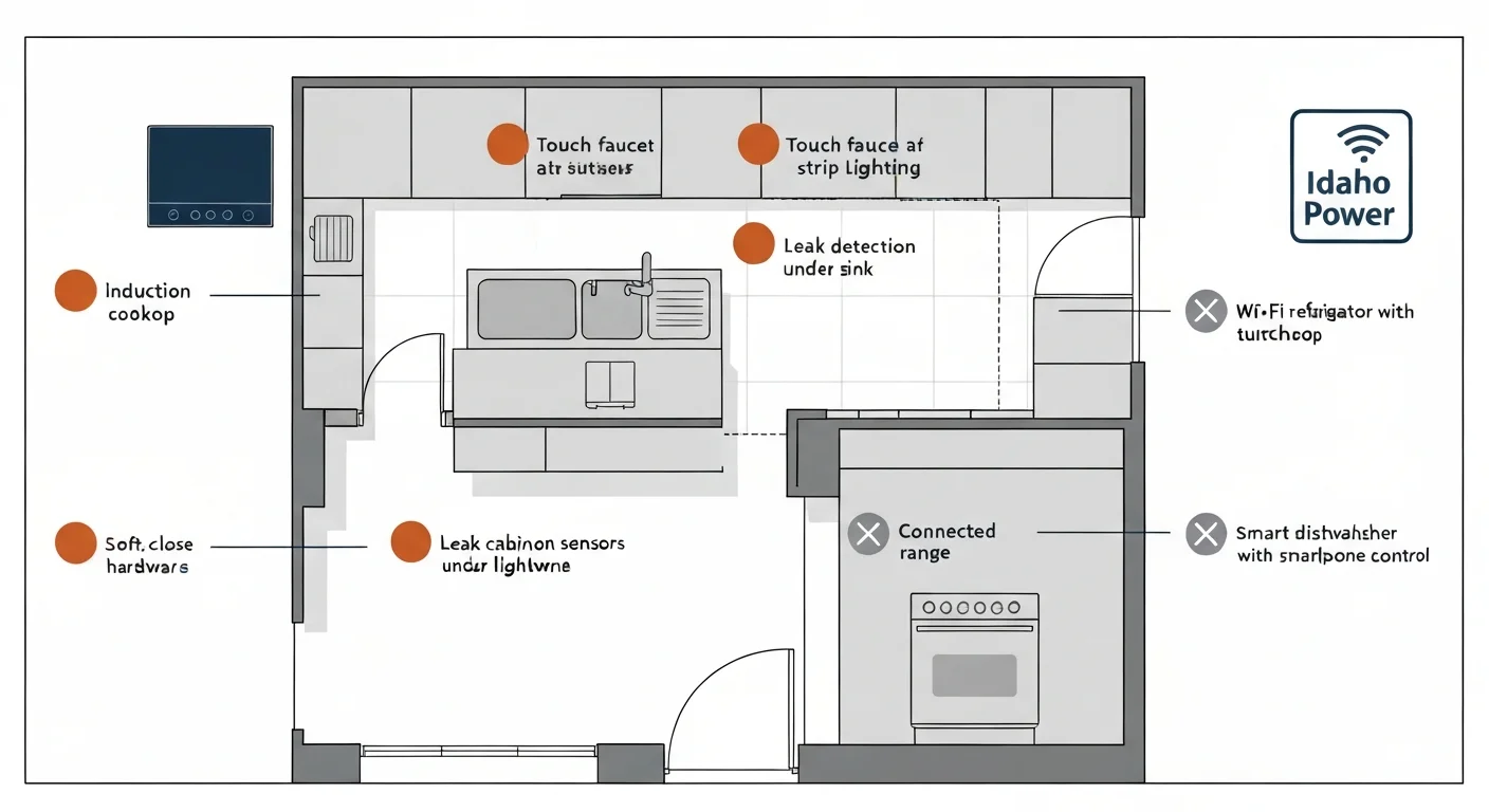 Architectural overhead floor plan diagram of a kitchen with smart-tech components labeled by tier — six items highlighted in burnt orange as 'worth installing' (induction cooktop, touch/touchless faucet, under-cabinet LED lighting with smart control, leak detection sensors, integrated soft-close cabinet hardware, Idaho Power smart meter integration), and three items marked in gray as 'skip' (Wi-Fi refrigerator, connected range, smart dishwasher) — each with brief annotation explaining the recommendation