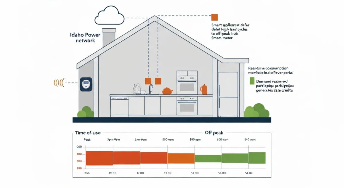 Architectural diagram showing Idaho Power smart meter and demand-response integration with a residential kitchen — labeled smart meter on the exterior of the home connected via Idaho Power's network, in-home energy monitor display showing real-time consumption, smart appliances (dishwasher, oven) responding to peak-demand signals by deferring high-load cycles to off-peak periods, with annotations showing typical electricity rate differences between peak and off-peak Idaho Power TOU schedules