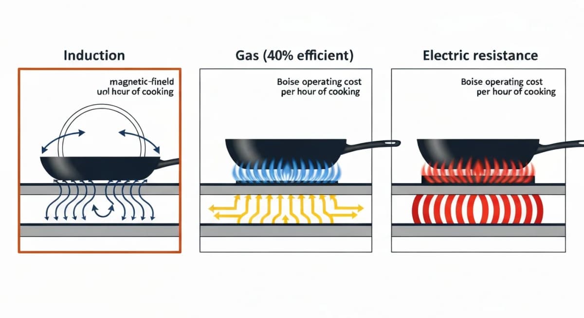 Side-by-side cross-section diagram comparing induction cooktop heating to traditional gas and electric resistance heating — induction shown with magnetic field lines directly heating the pan bottom (zero radiant loss), gas shown with flame radiating heat in all directions (significant radiant loss), electric resistance shown with coil heating element and slower thermal transfer — each labeled with efficiency percentages and Boise-specific operating cost