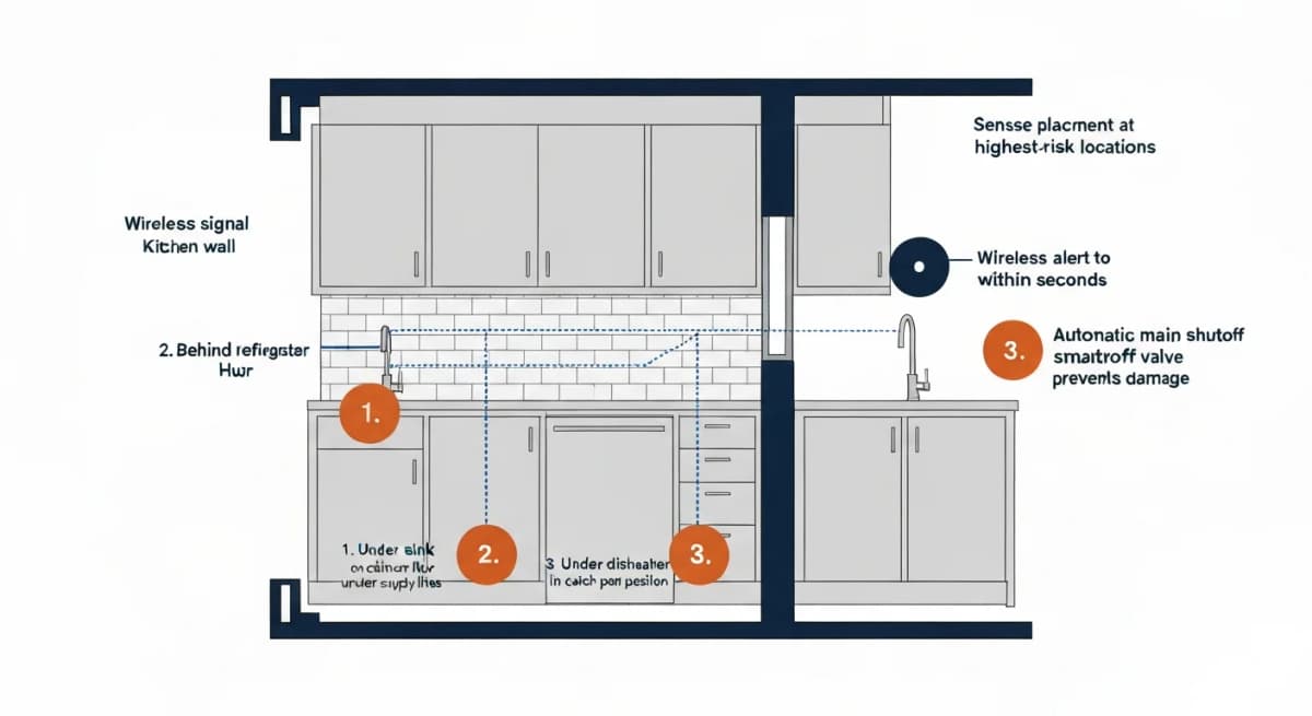 Cross-section diagram showing leak detection sensor placement in a residential kitchen — three sensor locations highlighted: under the sink (catches dishwasher and supply-line leaks), behind the refrigerator (catches water-line leaks), under the dishwasher (catches dishwasher gasket failures), all connected to a central hub that alerts via smartphone and can automatically shut off the water supply at the main shutoff valve via a smart shutoff actuator