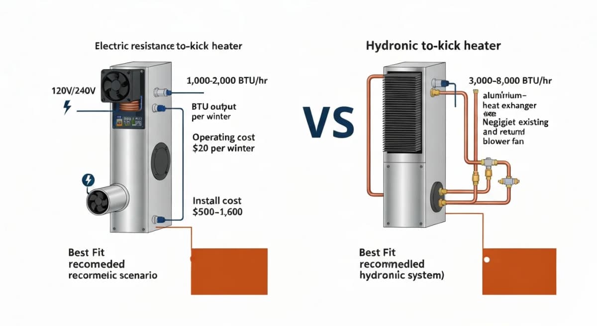 Side-by-side comparison diagram showing electric resistance toe-kick heater vs hydronic toe-kick heater — electric unit shows resistance heating element, blower, and 120V/240V electrical connection; hydronic unit shows water-supply lines (hot supply and return), aluminum-finned heat exchanger, blower; each labeled with BTU output, operating cost, and install requirements