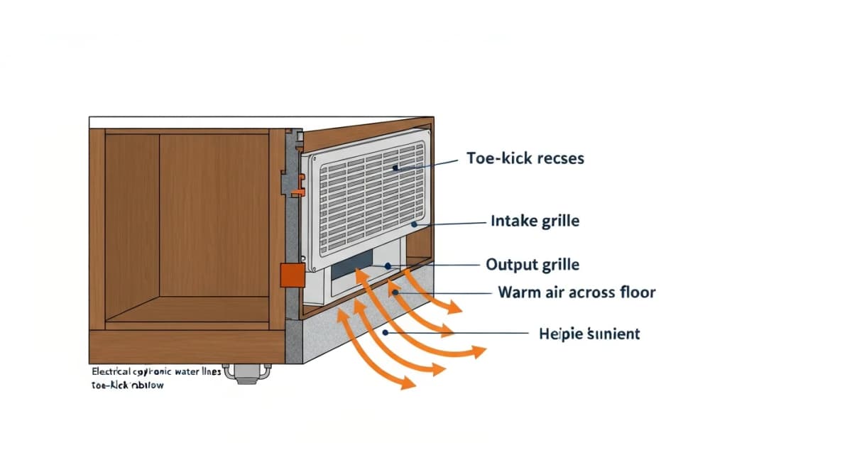 Architectural cross-section diagram of a kitchen cabinet base showing a toe-kick heater installed in the typical 4-inch high by 3-inch deep toe-kick space — labeled heater unit, intake grille, output grille directing warm air across the floor surface, and connections to either electric supply or hydronic water lines, with annotations on installation requirements and typical heat output