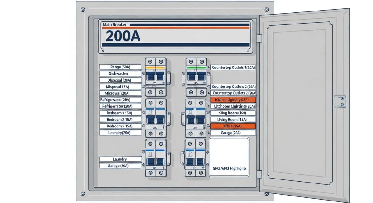 Illustration: completed 200-amp electrical panel after upgrade, with labeled breakers for each kitchen circuit, GFCI/AFCI breakers in red callout, neutral and ground bars clearly distinguished, and main shutoff at top