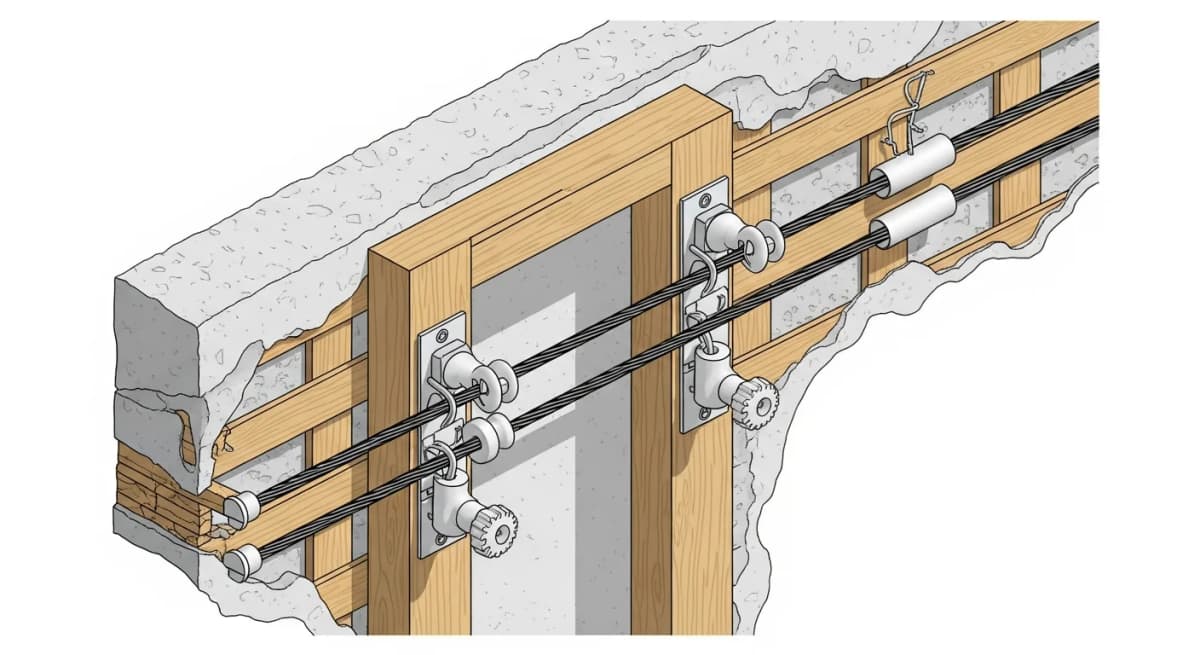 Diagram: cross-section cutaway showing original knob-and-tube wiring in an older home wall cavity — separate hot and neutral conductors supported by porcelain knob insulators on wood framing studs, with a porcelain tube where the conductors pass through framing