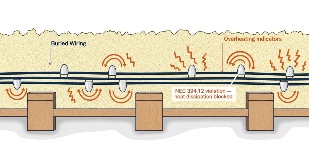Illustration: cross-section showing knob-and-tube wiring failure when buried under blown-in attic insulation — original air-gap heat dissipation blocked, insulation overheating around the conductors, and code-violation warning callout