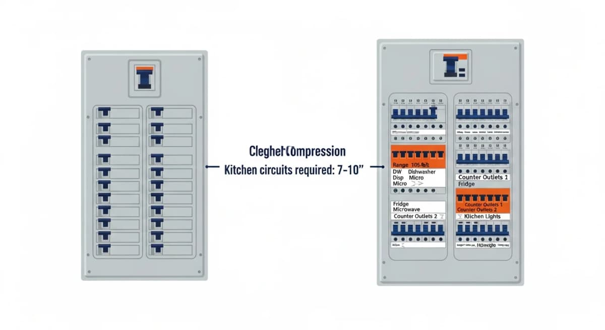Diagram: side-by-side comparison of a 100-amp electrical service panel with original 1950s breaker layout and a 200-amp modern panel with labeled dedicated kitchen circuits — small appliance, dishwasher, disposal, microwave, refrigerator, range, and lighting