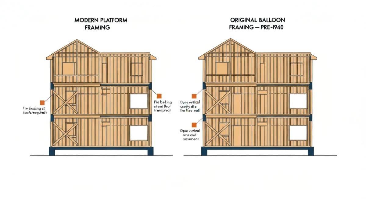 Diagram: cross-section comparing modern platform framing (left side) with continuous studs at each floor level versus original balloon framing (right side) with studs running continuously from foundation to roof — including labels showing how balloon framing creates open vertical cavities that allow fire and pest movement and lack fire blocking