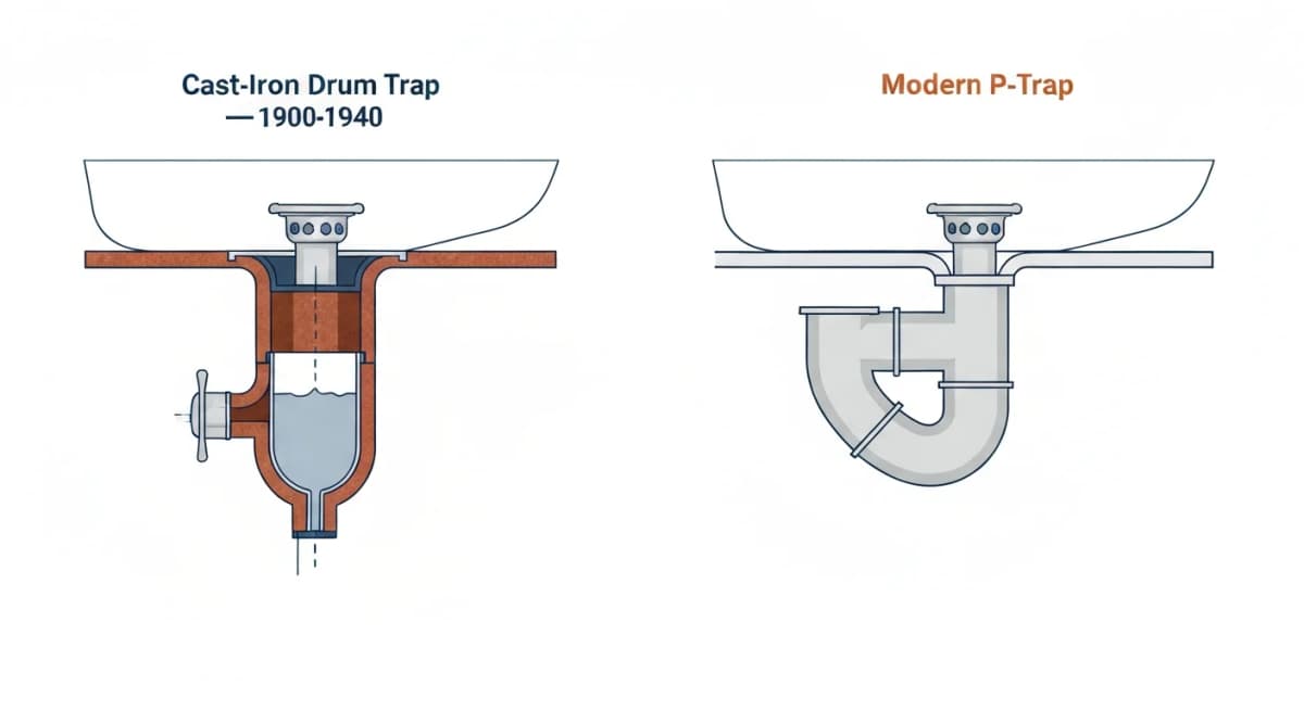 Diagram: cross-section comparison of an original 1920s cast-iron drum trap with its larger diameter and unusual shape versus a modern P-trap with standardized dimensions and clean serviceability — both shown beneath a residential tub drain configuration