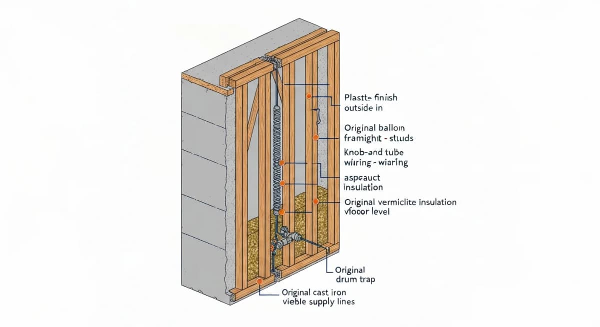 Diagram: cutaway view of a 1920s North End Boise bungalow bathroom wall during demolition showing the layers from outside in — original plaster surface, wood lath strips, wall cavity exposing hidden conditions including original balloon framing, knob-and-tube wiring splices, asbestos vermiculite insulation, original cast-iron drum trap, and galvanized supply lines