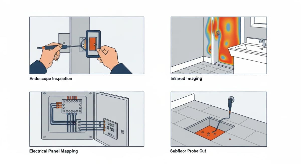 Diagram: methodology for pre-demolition investigation in a historic Boise bungalow bathroom — endoscope inspection through small wall openings, infrared imaging to identify moisture and insulation gaps, electrical panel and circuit map review, and selective probe cuts at strategic locations to verify substrate conditions