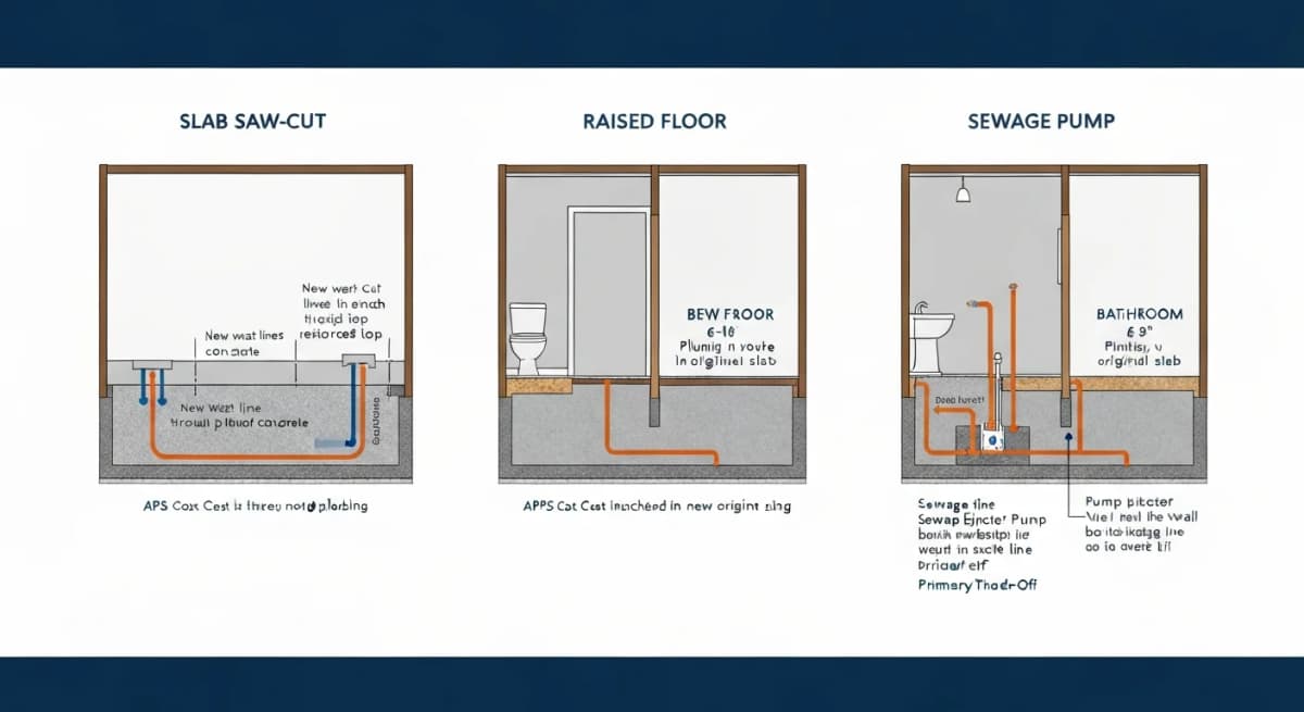 Diagram: side-by-side cross-section comparison showing three master bath addition approaches in slab-on-grade homes — slab saw-cut for plumbing (left), raised floor with above-slab plumbing chase (middle), and sewage-pump-assisted layout (right) — each with cost range, structural impact, and best-fit notes