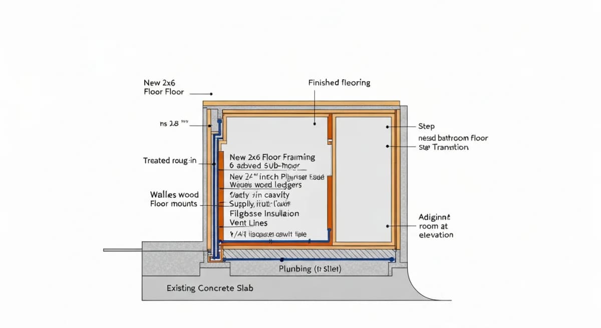 Diagram: cross-section of the raised floor approach showing the new bathroom floor built up 6-8 inches above the original slab, with plumbing routed in the cavity space below, a step transition at the bathroom doorway to the adjacent room at the original floor height, and labels indicating the floor build-up materials and structural support requirements