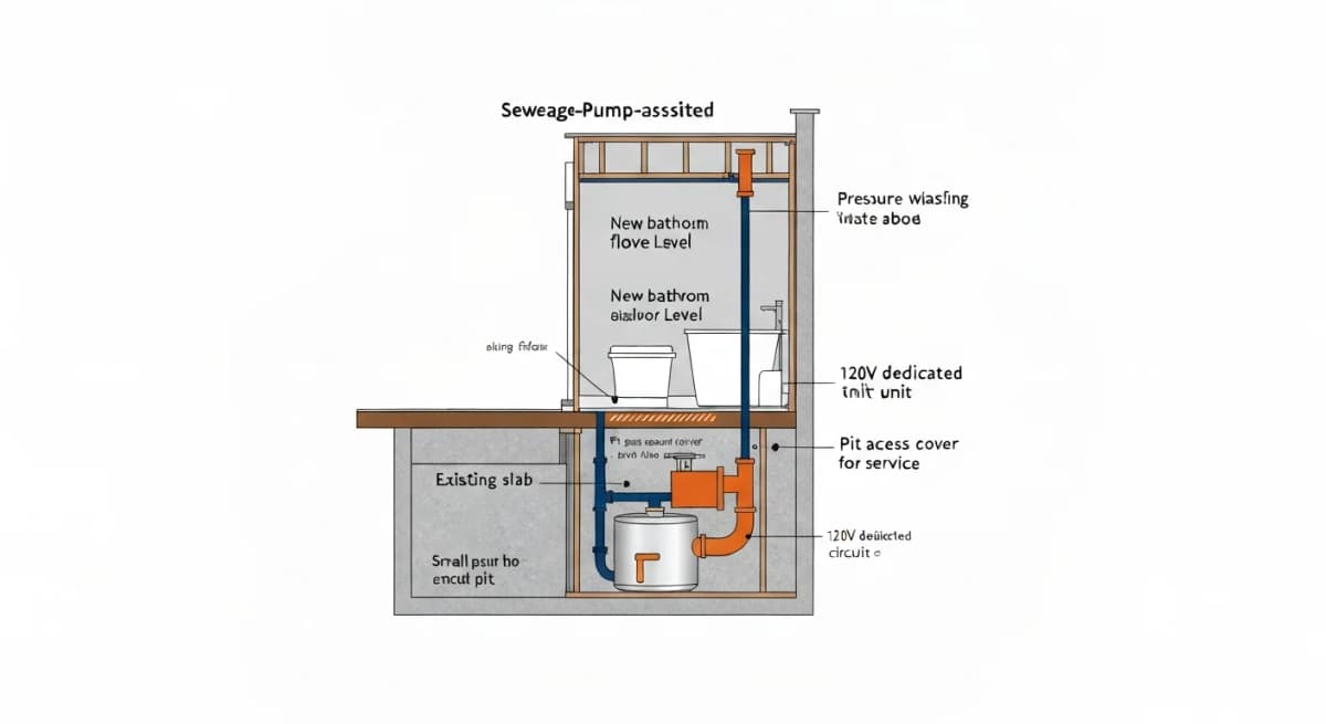 Diagram: cross-section of the sewage-pump-assisted approach showing the new master bath fixtures connected to a small sewage ejector pump beneath the floor, the pump's discharge line rising up to tie into the existing house waste line at a level above the new fixtures, and the pump enclosure and electrical connection
