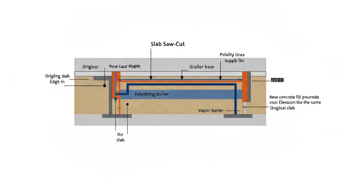 Diagram: cross-section of the slab saw-cut approach showing the new plumbing trenches cut through the existing concrete slab, new waste lines routed through the trenches to tie into the existing main waste line, gravel base and vapor barrier reconstruction, and concrete fill restoring the floor surface above the new plumbing