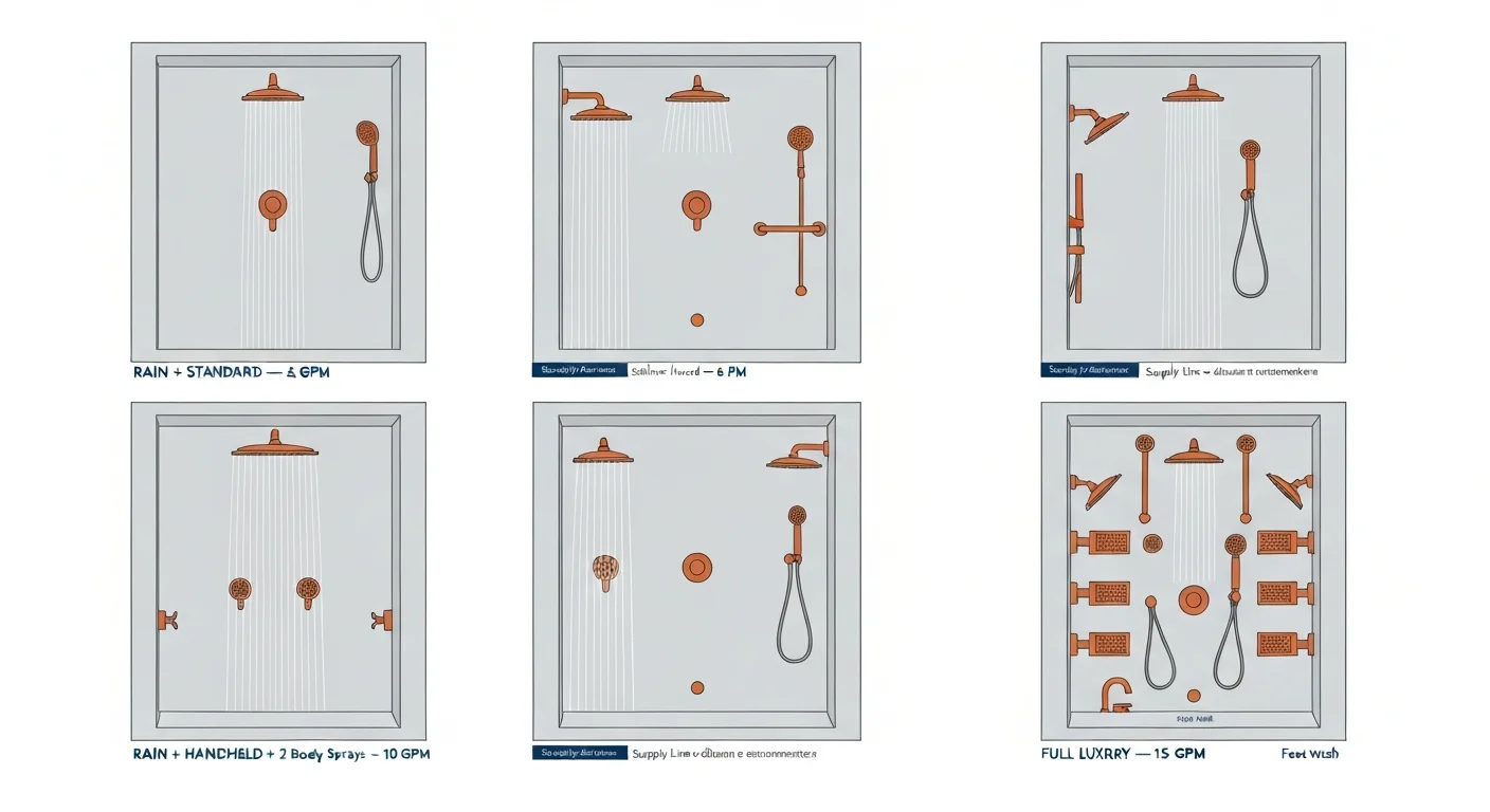 Comparison: four multi-head shower configuration diagrams showing the typical setups — overhead rain only (8-10 GPM), rain plus handheld (10-12 GPM), rain plus three body sprays (12-15 GPM), and full luxury with overhead, body sprays, handheld, and ceiling rain (15-22 GPM) — each labeled with total flow rate requirements and recommended supply line sizing