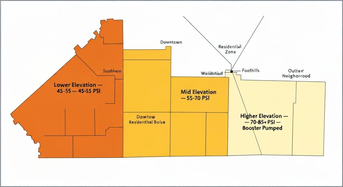 Diagram: Boise metro area map showing residential water pressure zones by elevation — low-elevation downtown and Bench neighborhoods at 45-55 PSI, mid-elevation North End and Southeast at 55-70 PSI, and higher-elevation foothills and Eagle/Harris Ranch areas at 70-85 PSI served by booster pumps, with each zone color-coded