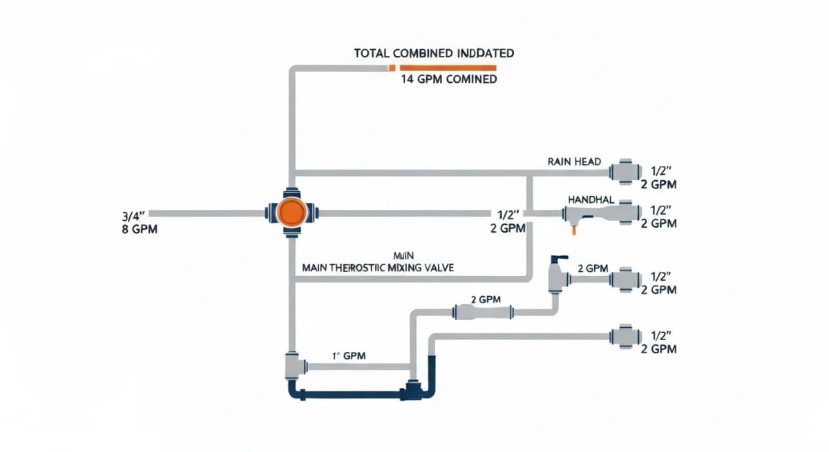 Diagram: residential plumbing tree showing the supply-line routing for a multi-head shower system — main supply line from the water heater, branching at the shower wall into separate dedicated lines for rain head (8 GPM), three body sprays (2 GPM each), and handheld sprayer (2 GPM), with the supply line diameter labeled for each branch and the total flow capacity calculated