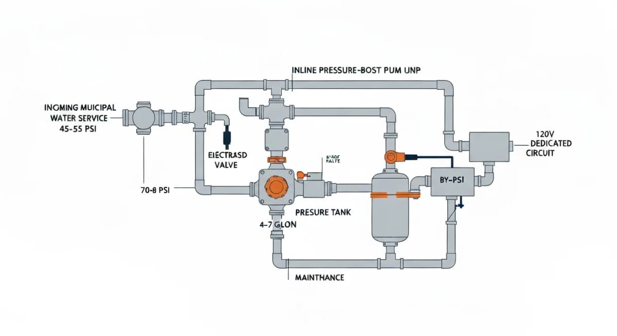 Diagram: residential pressure-boost system schematic showing the inline pump installation in the home's main water supply line, pressure tank, expansion control, electrical connection, and bypass valve for maintenance — with labeled performance specs showing pressure increase from 45-55 PSI to 70-80 PSI